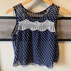 Iris Basic polka dot and lace sheer navy and white sleeveless top